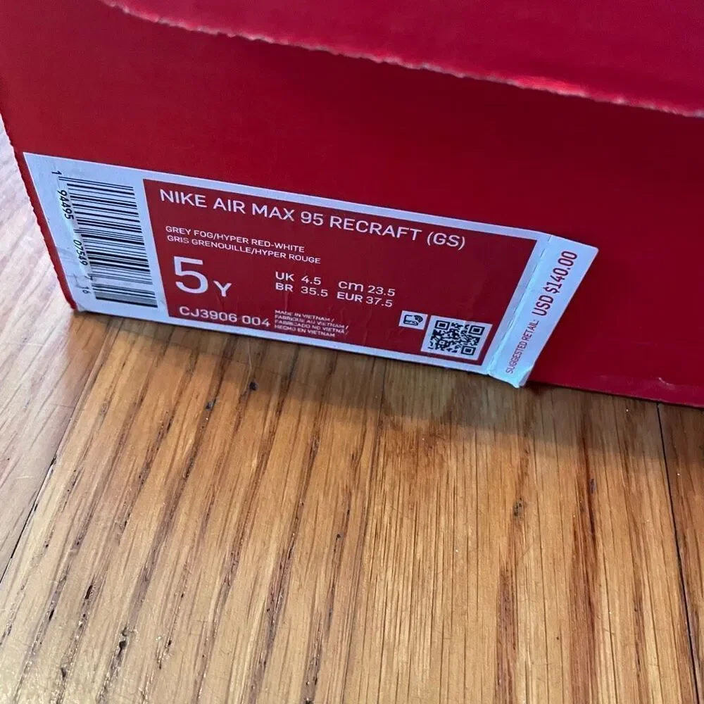 NIKE | air max 95 recraft (gs) grey fog/hyper red-white size 5 youth $140